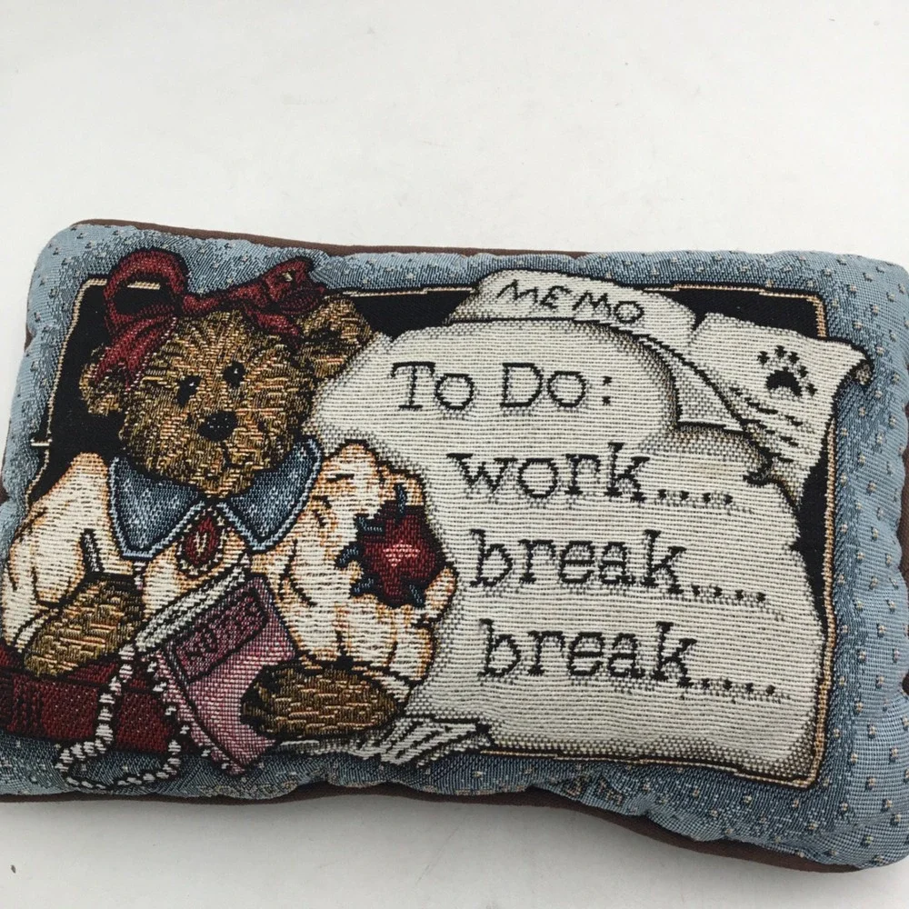 Vintage Woven Tapestry Teddy Bear Memo To Do Work Break Small Accent Pillow